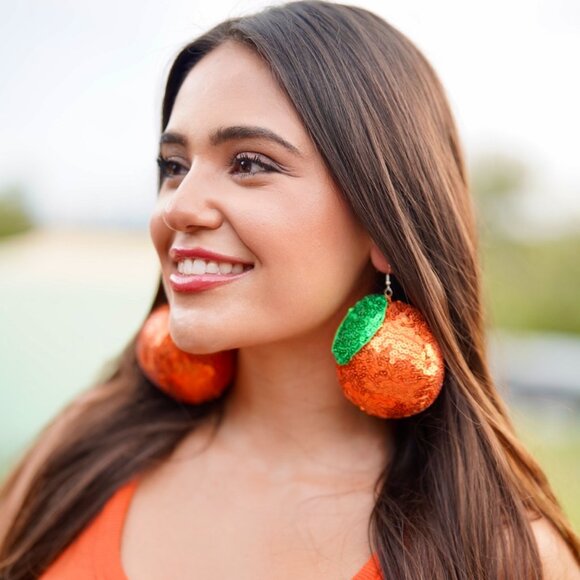 DiscoFruits Plush Sparkly Sequin Statement Disco Orange Earrings Orange & Green - Picture 1 of 5